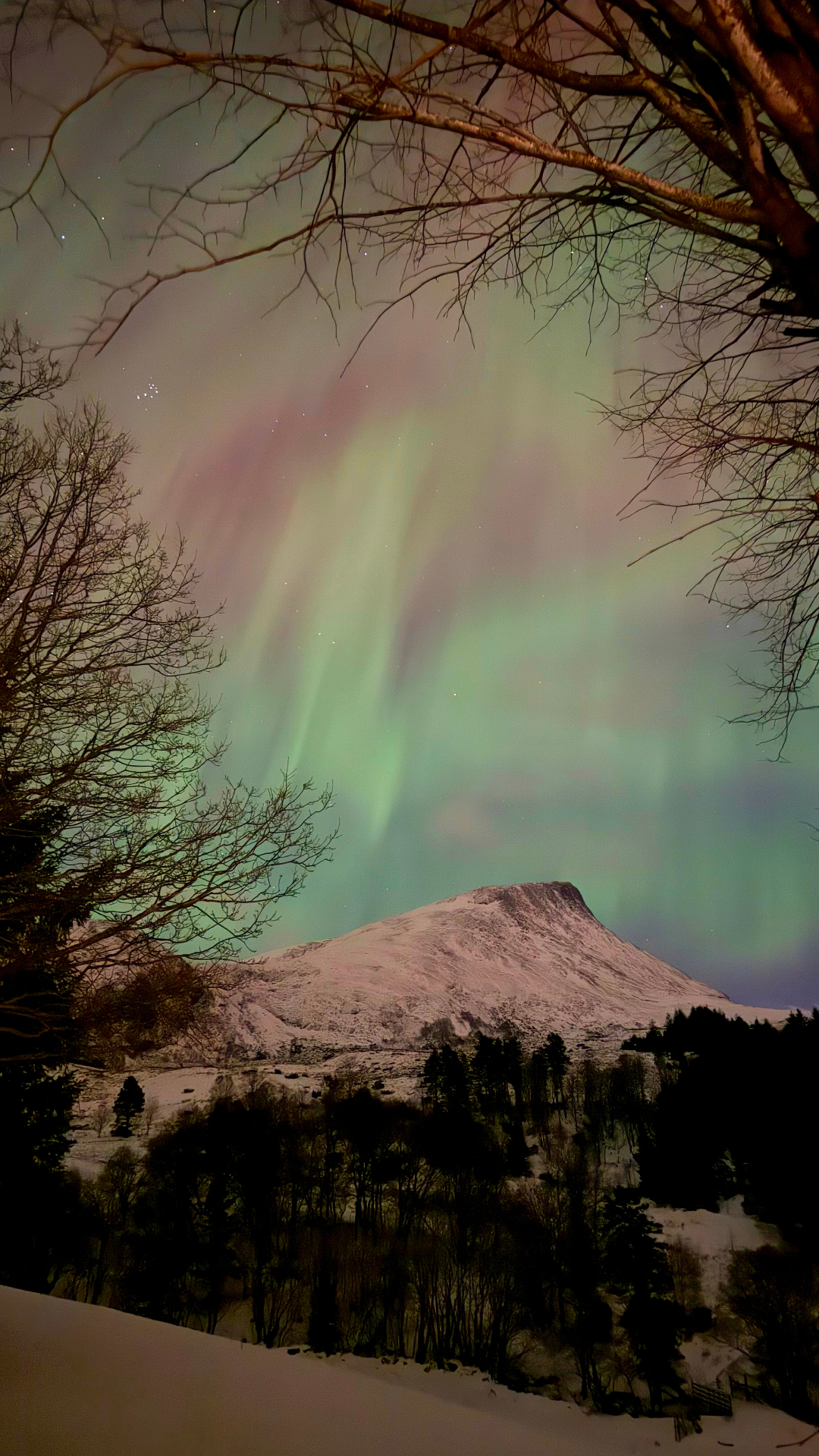 Nordlys over vinterfjell ved Øggarden